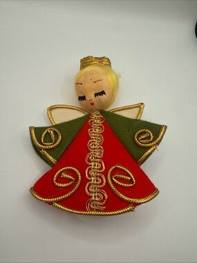 Vintage Japan MCM Felt Angel Ornament/Tree topper in Red and Green Gold Trim